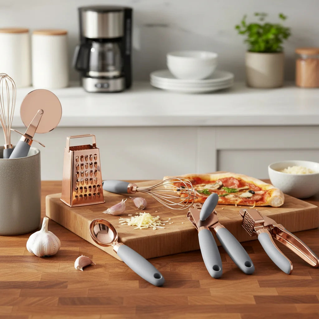 7-Piece Kitchen Gadget Set Copper Coated Stainless Steel Tableware with Soft Touch Handle – Convenient Carry Handles for Flexible Room-to-Room Use