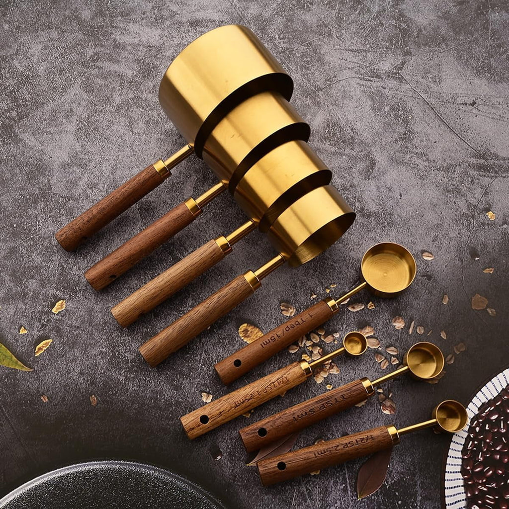 8 pieces Golden Measuring Cups Set and Measuring Spoons Set with Scale Wooden Handle Stainless Steel Dry & Liquid Measuring Cup for Cooking Baking – Convenient Carry Handles for Flexible Room-to-Room Use