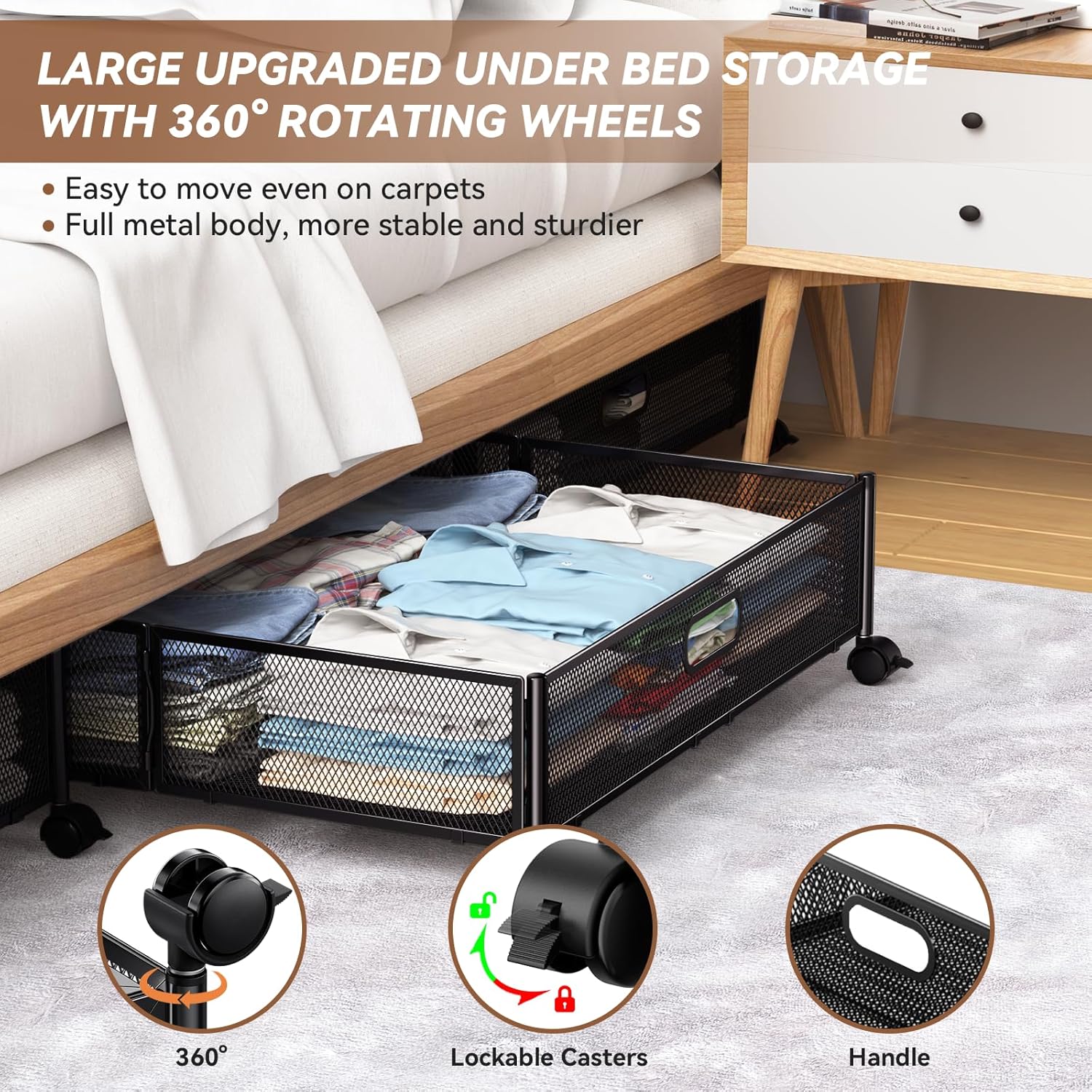 Under Bed Storage Containers with Wheels - Shoe Storage Organizer Drawer Tool-free Assembly Metal Underbed Storage for Bedroom Clothes Shoes Blankets - 2Pack – Multiroom Organization Format for Flexible Room-to-Room Use