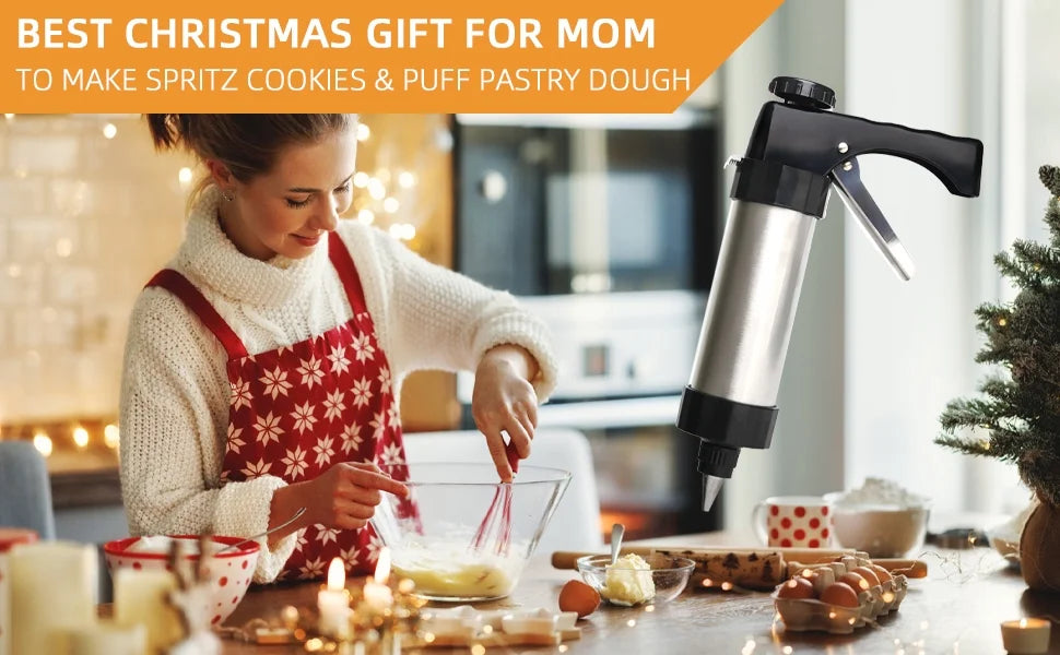 Stainless Steel Cookies Press Cookies Press for Baking,Cookie Press Gun Kit with 13 Cookie Discs and 8 Piping Tips for DIY cake Maker Decorating Baking Supplies – Durable Stainless Steel Construction for Flexible Room-to-Room Use