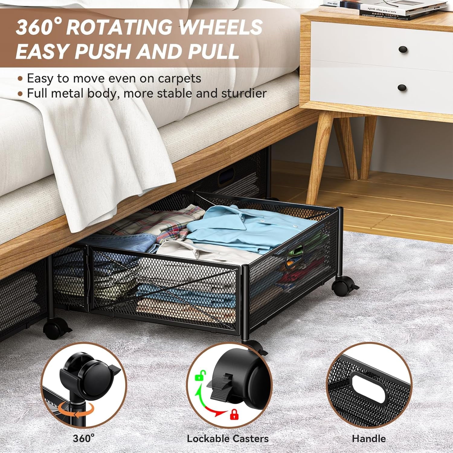 Under Bed Storage Containers with Wheels - Shoe Storage Organizer Drawer Tool-free Assembly Metal Underbed Storage for Bedroom Clothes Shoes Blankets - 2Pack – Multiroom Organization Format for Flexible Room-to-Room Use