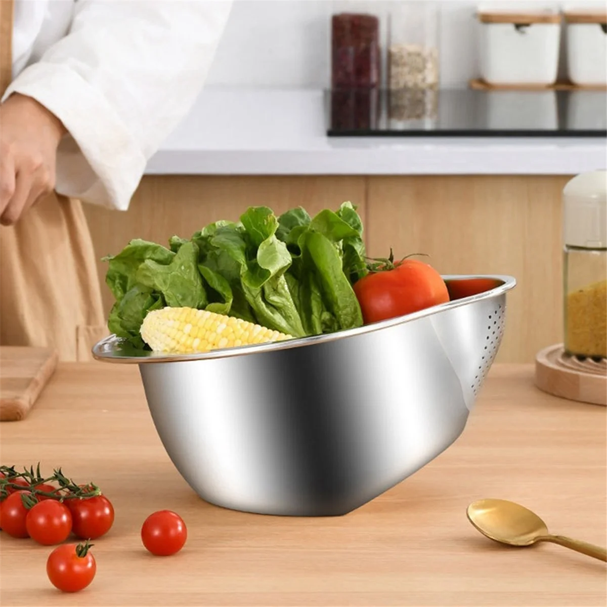 Rice Washer Strainer Bowl Stainless Steel Washing Colander Fruit and Vegetable Kitchen Tool A – Durable Stainless Steel Construction for Flexible Room-to-Room Use