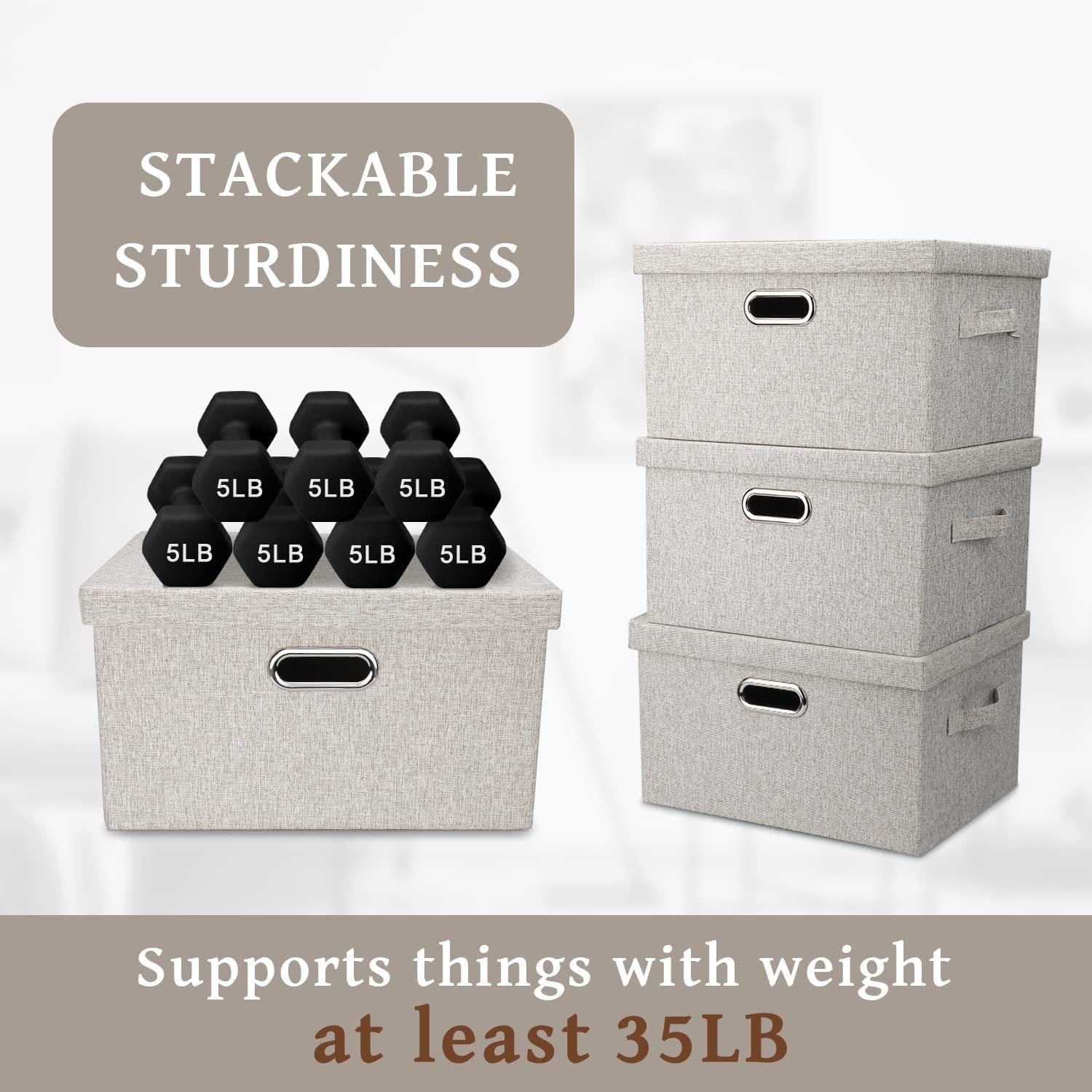 Medium 15" 21 Quart Collapsible Stackable Storage Bins with Lids 5 Packs Beige Foldable Fabric Closet Boxes Heavy-duty Lidded Linen Cube Baskets Container Organizers and Storage – Everyday Household Format for Flexible Room-to-Room Use