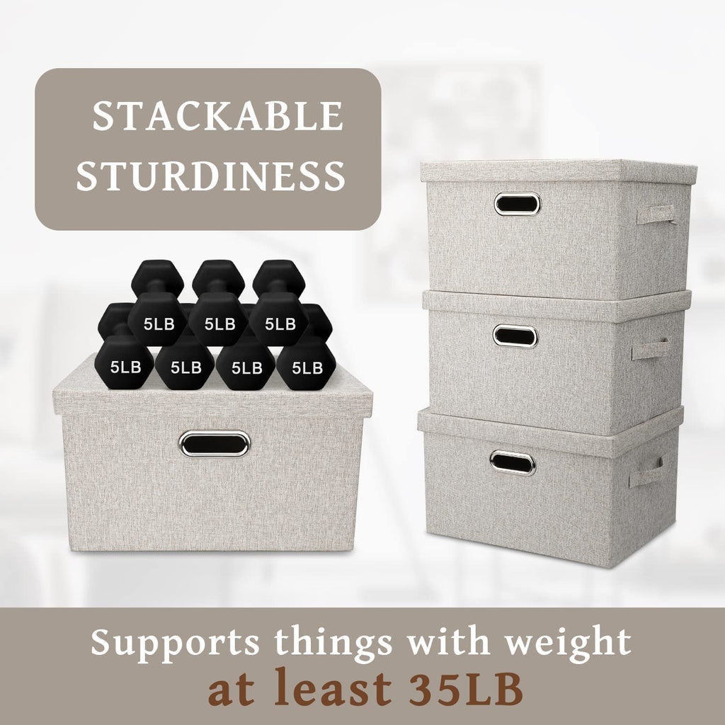 Medium 15" 21 Quart Collapsible Stackable Storage Bins with Lids 5 Packs Beige Foldable Fabric Closet Boxes Heavy-duty Lidded Linen Cube Baskets Container Organizers and Storage – Multiroom Organization Format for Flexible Room-to-Room Use