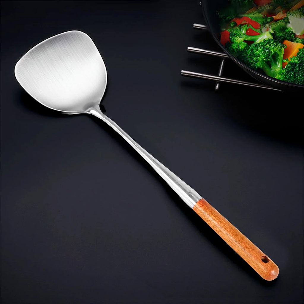 Long Handle Stainless Steel Wok Kitchen Slotted Turner Rice Spoon Ladle Cooking Tools Utensil Set – Convenient Carry Handles for Flexible Room-to-Room Use