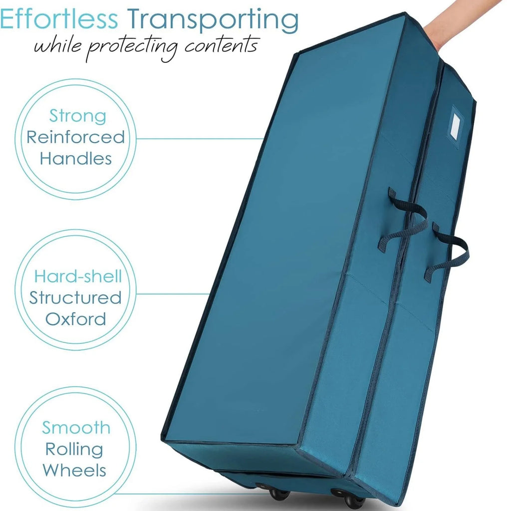 Wrapping Paper Storage Container with Ribbon Dispenser and Interior Pockets - Large Christmas Storage Containers with Wheels Fits 30 Rolls of 40" Length Blue – Multiroom Organization Format for Flexible Room-to-Room Use