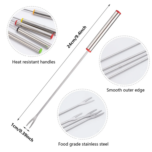 12PCS 9.5 Inch Color-Coded Stainless Steel Fondue Forks Cheese Fork Fruit with Heat-Blocking – Durable Stainless Steel Construction for Flexible Room-to-Room Use