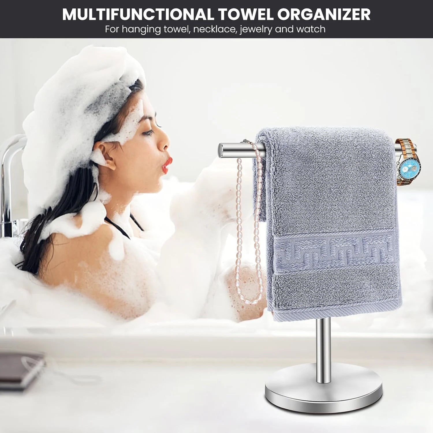 T-Shape Bath Hand Towel Holder Stand Stainless Steel Free Standing Hand Towel Rack with Heavy Base for Bathroom Kitchen & Countertop Silver 2 Pack – Durable Stainless Steel Construction for Flexible Room-to-Room Use