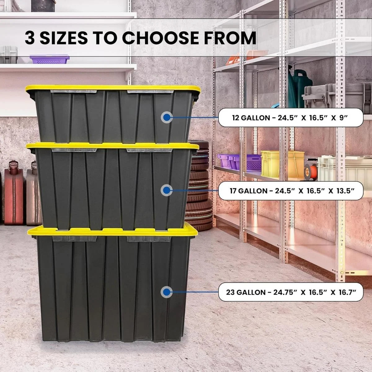 8 PACK of Medium 12 Gallon Plastic Storage Bin Tote Organizing Container with Ultra Durable Secure Latching Lids Stackable Extra Strength Clear with Built in Handle - Black and Yellow – Stackable Organization for Flexible Room-to-Room Use