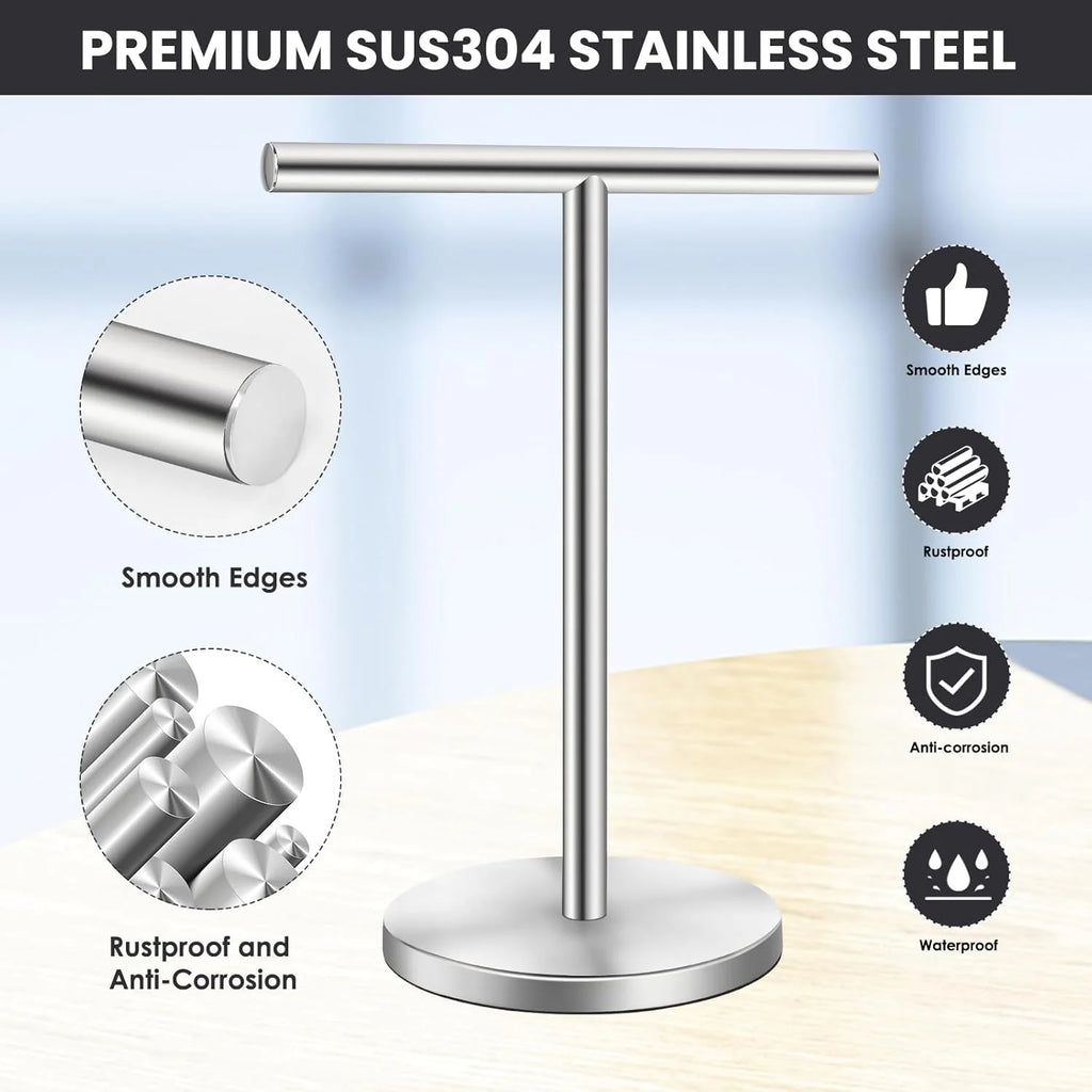 T-Shape Bath Hand Towel Holder Stand Stainless Steel Free Standing Hand Towel Rack with Heavy Base for Bathroom Kitchen & Countertop Silver 2 Pack – Durable Stainless Steel Construction for Flexible Room-to-Room Use
