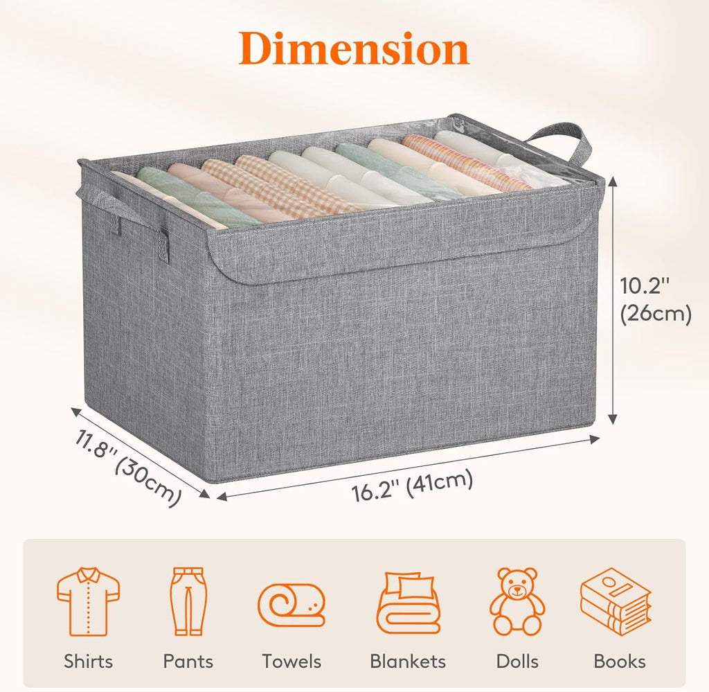 Fabric Storage Boxes 6 Pcs Stackable Storage Bins with Clear Lids Foldable Oxford Cloth Cube Closet Organizer Baskets Clothes Containers for Towels Blankets Books Light Grey-Large – Foldable Space-Saving Design for Flexible Room-to-Room Use