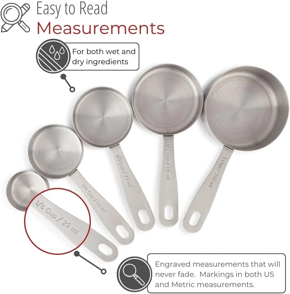 Stainless Steel Measuring Cups Heavy-Duty 5-Piece Set with Storage Ring – Kitchen Measuring Tools – Durable Stainless Steel Construction for Flexible Room-to-Room Use