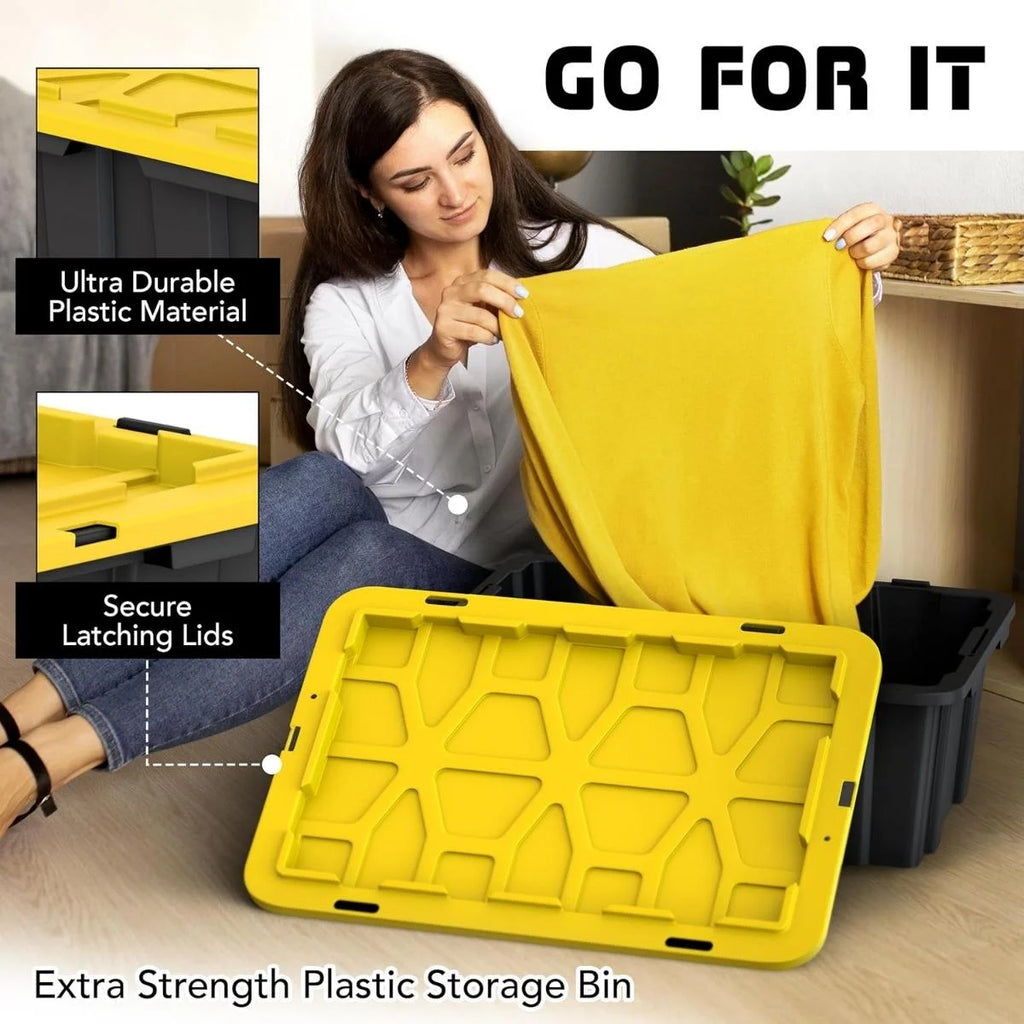 8 PACK of Medium 12 Gallon Plastic Storage Bin Tote Organizing Container with Ultra Durable Secure Latching Lids Stackable Extra Strength Clear with Built in Handle - Black and Yellow – Stackable Organization for Flexible Room-to-Room Use