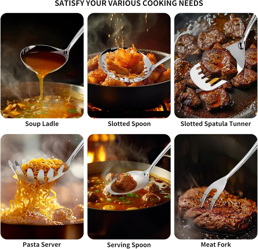 304 Stainless Steel Kitchen Utensils Set 6 Pcs Long Metal Cooking Utensil with Spatula Solid Spoon Ladle Skimmer Spaghetti Spoon Meat Fork Dishwasher Suitable – Durable Stainless Steel Construction for Flexible Room-to-Room Use