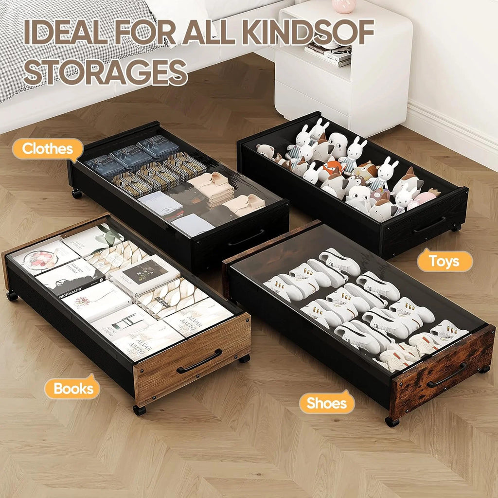 Wooden Under Bed Storage with Wheels Rolling Under the Bed Storage Bins with Removable Lid Metal Under Bed Drawers for Clothes and Shoes in Bedroom or Living Room(Black Wood-2pack) – Easy-Roll Mobility for Flexible Room-to-Room Use