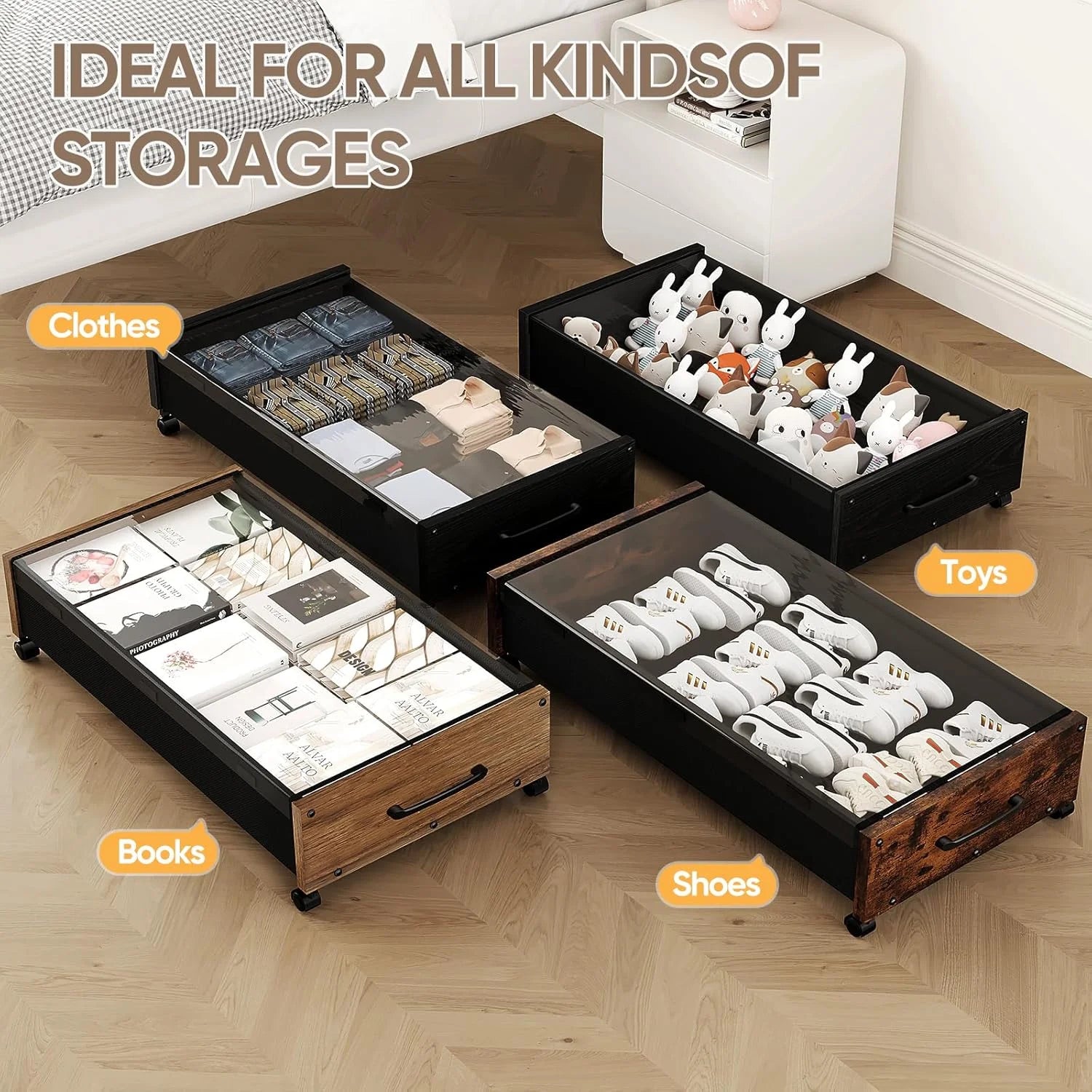 Wooden Under Bed Storage with Wheels Rolling Under the Bed Storage Bins with Removable Lid Metal Under Bed Drawers for Clothes and Shoes in Bedroom or Living Room(Black Wood-2pack) – Easy-Roll Mobility for Flexible Room-to-Room Use