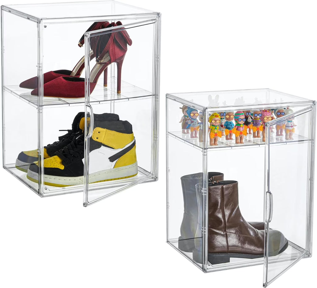 XXX-Large Clear Acrylic Display Case Boot Shoe Storage Boxes With An Adjustable Divider,2 Pack 2 Tiers Clear Plastic Stackable Storage Bins With Lids Big Display Acrylic Box With Magnetic Door – Multiroom Organization Format for Flexible Room-to-Room Use