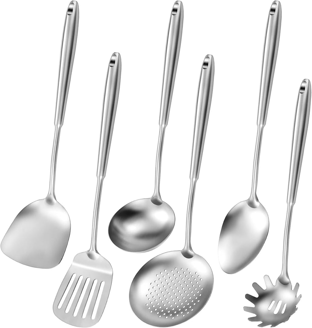304 Stainless Steel Cooking Utensils,6 Pcs Kitchen Cooking Utensils Set with Spatula Solid Spoon Ladle Skimmer Spaghetti Spoon,Dishwasher Suitable – Durable Stainless Steel Construction for Flexible Room-to-Room Use