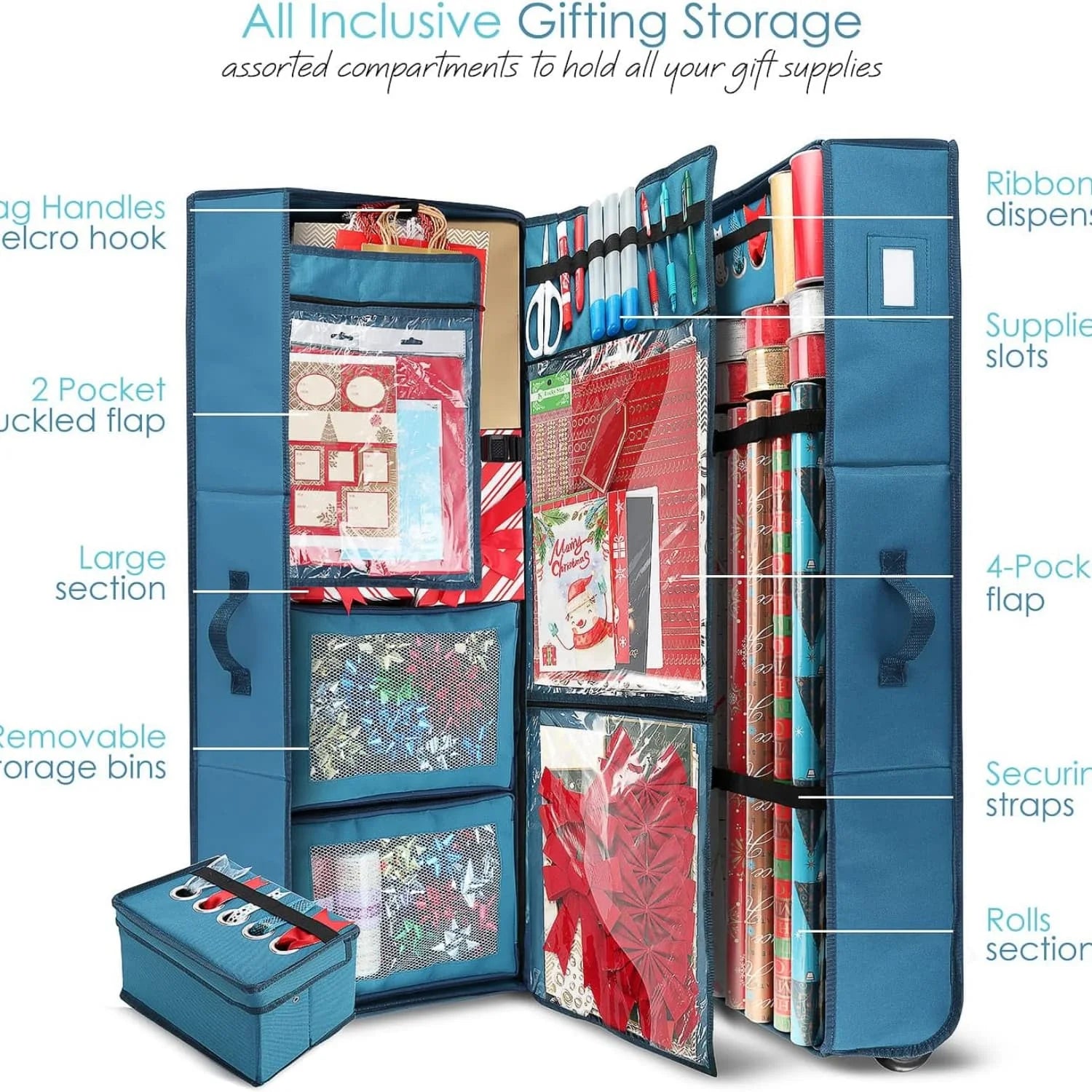 Wrapping Paper Storage Container with Ribbon Dispenser and Interior Pockets - Large Christmas Storage Containers with Wheels Fits 30 Rolls of 40" Length Blue – Everyday Household Format for Flexible Room-to-Room Use