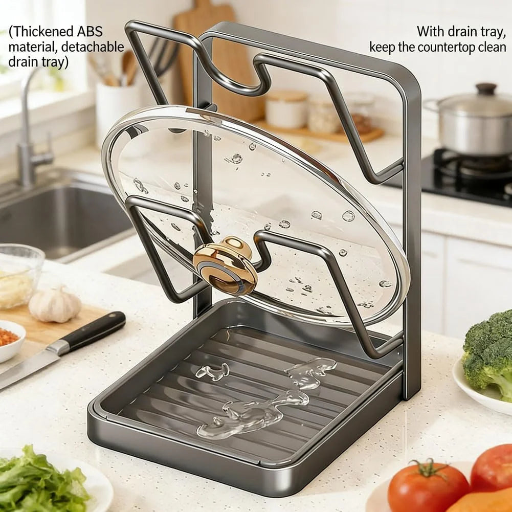 Kitchen Pot Lid Storage Rack Stainless Steel Pot Lid Holder While Cooking & Spoon Rest Multifunctional Pot Lid Organizer with Removable Drip Tray for Countertop Space-Saving Lid Rack – Durable Stainless Steel Construction for Flexible Room-to-Room Use