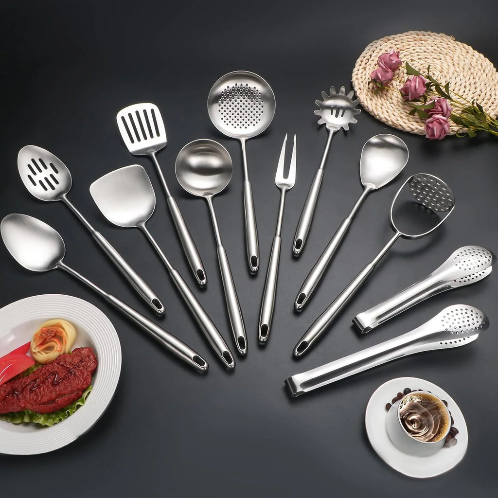 304 Stainless Steel Cooking Utensils,6 Pcs Kitchen Cooking Utensils Set with Spatula Solid Spoon Ladle Skimmer Spaghetti Spoon,Dishwasher Suitable – Durable Stainless Steel Construction for Flexible Room-to-Room Use