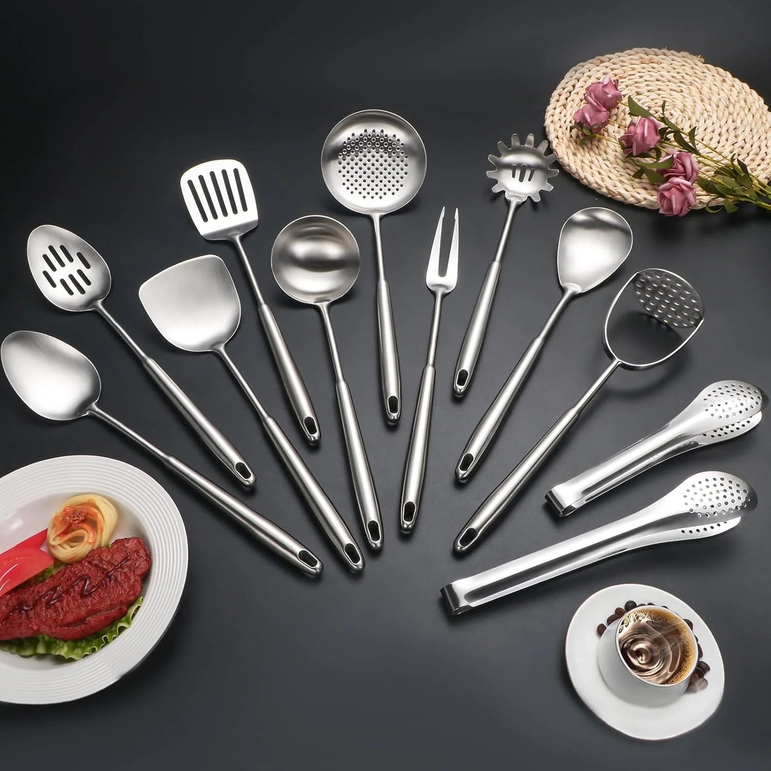 304 Stainless Steel Cooking Utensils,6 Pcs Kitchen Cooking Utensils Set with Spatula Solid Spoon Ladle Skimmer Spaghetti Spoon,Dishwasher Suitable(Black) – Durable Stainless Steel Construction for Flexible Room-to-Room Use