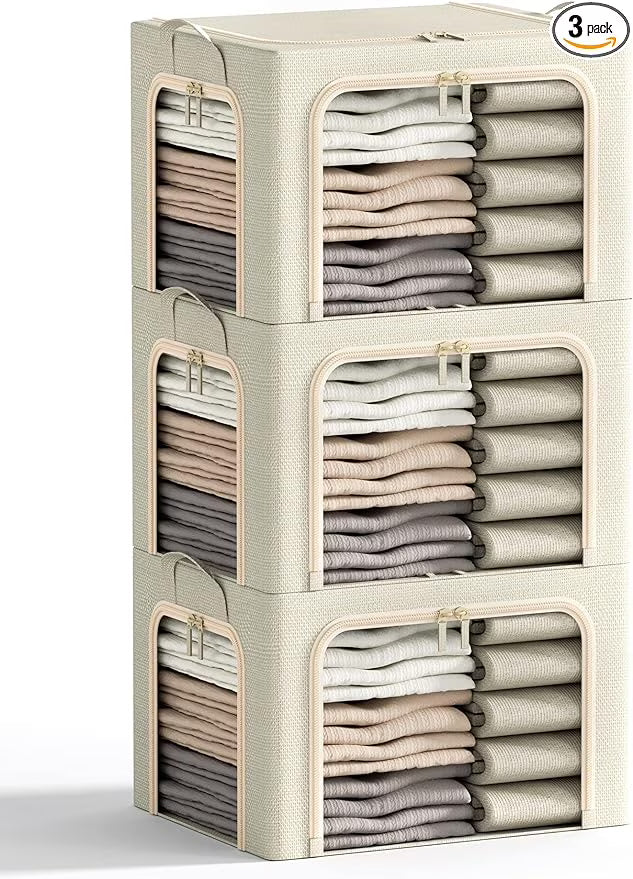 3 Openings Clothes Storage Bins with Metal Frame Foldable Storage Bin for Clothes Clothing Storage Bins with Lid Linen Storage Box With Clear Window＆ Zippers＆ Durable Handles.(3 Pcs,Beige,40L) – Everyday Household Format for Flexible Room-to-Room Use