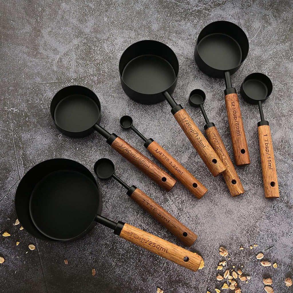 8 pieces Black Measuring Cups Set and Measuring Spoons Set with Scale Wooden Handle Stainless Steel Dry & Liquid Measuring Cup for Cooking Baking – Convenient Carry Handles for Flexible Room-to-Room Use