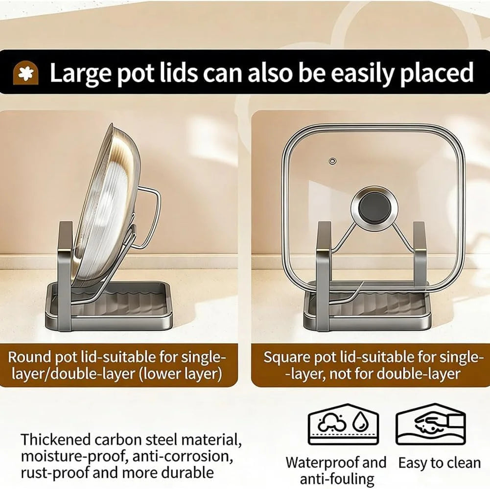 Kitchen Pot Lid Storage Rack Stainless Steel Pot Lid Holder While Cooking & Spoon Rest Multifunctional Pot Lid Organizer with Removable Drip Tray for Countertop Space-Saving Lid Rack – Durable Stainless Steel Construction for Flexible Room-to-Room Use