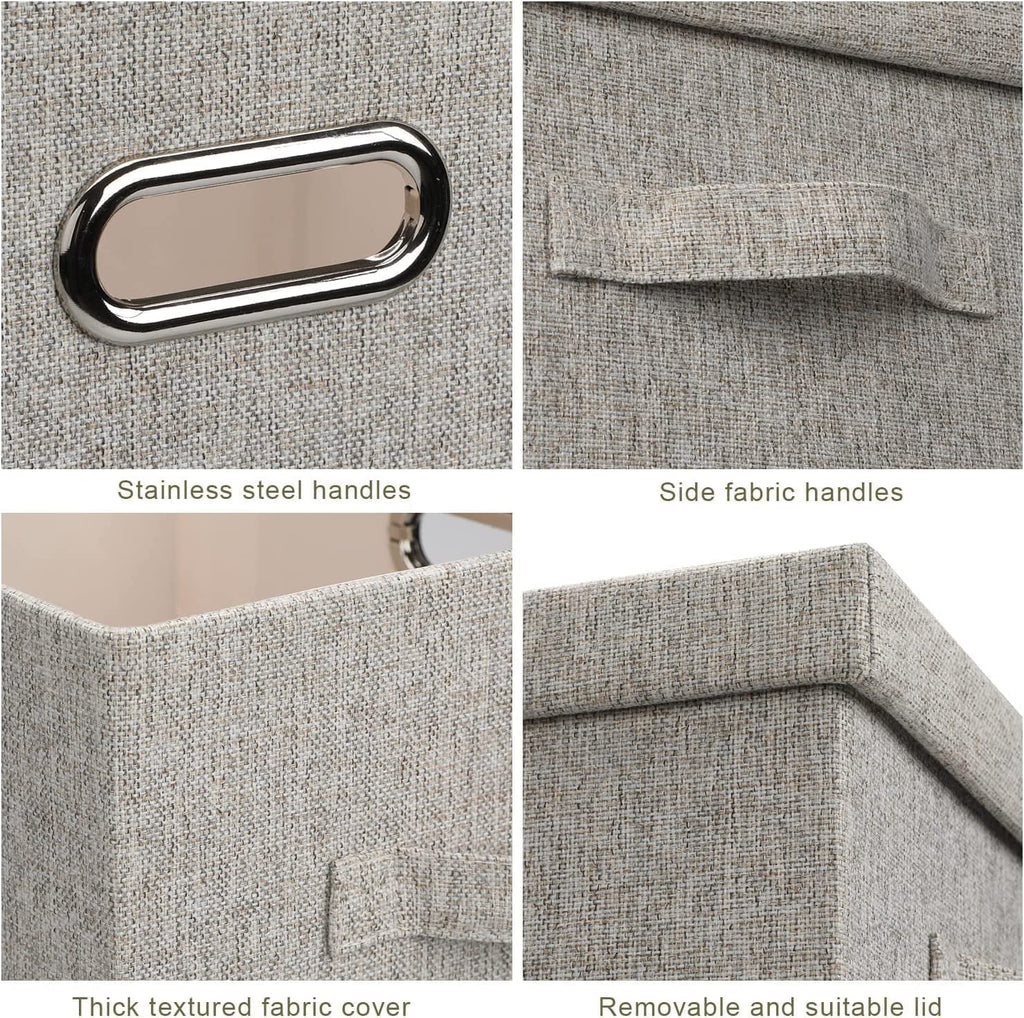 Medium 15" 21 Quart Collapsible Stackable Storage Bins with Lids 5 Packs Beige Foldable Fabric Closet Boxes Heavy-duty Lidded Linen Cube Baskets Container Organizers and Storage – Multiroom Organization Format for Flexible Room-to-Room Use