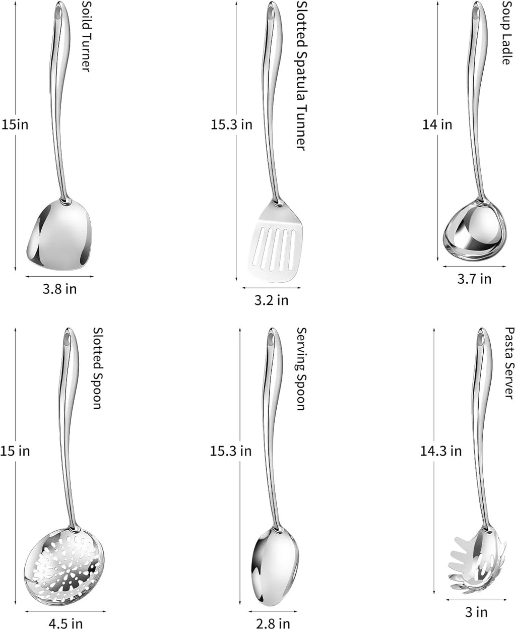 304 Stainless Steel Cooking Utensils Set,6 Pcs Long Metal Kitchen Utensils Set with Spatula Solid Spoon Ladle Skimmer Spaghetti Spoon,Dishwasher Suitable – Durable Stainless Steel Construction for Flexible Room-to-Room Use
