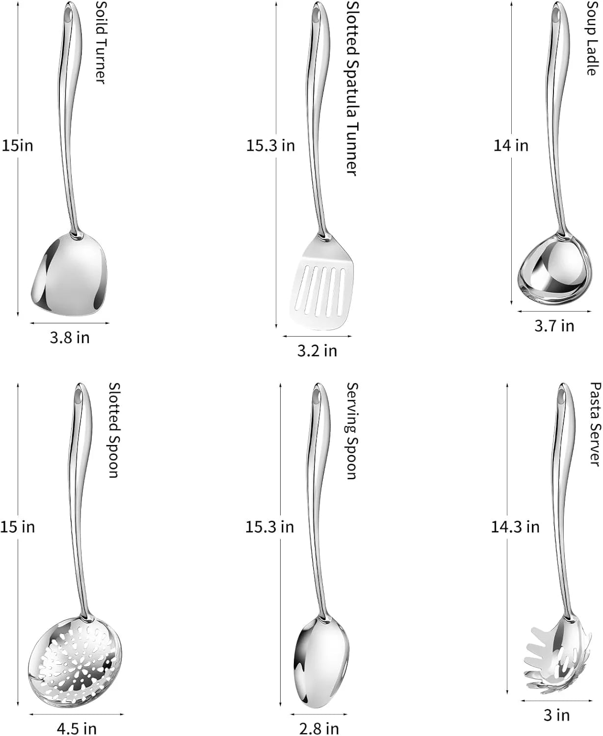 304 Stainless Steel Cooking Utensils Set,6 Pcs Long Metal Kitchen Utensils Set with Spatula Solid Spoon Ladle Skimmer Spaghetti Spoon,Dishwasher Suitable – Durable Stainless Steel Construction for Flexible Room-to-Room Use