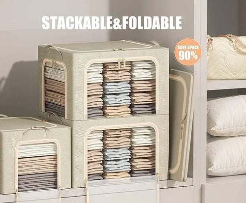 3 Openings Clothes Storage Bins with Metal Frame Foldable Storage Bin for Clothes Clothing Storage Bins with Lid Linen Storage Box With Clear Window＆ Zippers＆ Durable Handles.(3 Pcs,Beige,40L) – Everyday Household Format for Flexible Room-to-Room Use