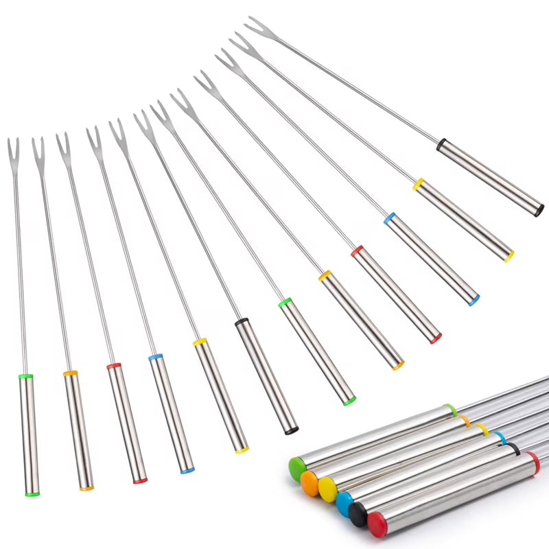 12PCS 9.5 Inch Color-Coded Stainless Steel Fondue Forks Cheese Fork Fruit with Heat-Blocking – Durable Stainless Steel Construction for Flexible Room-to-Room Use