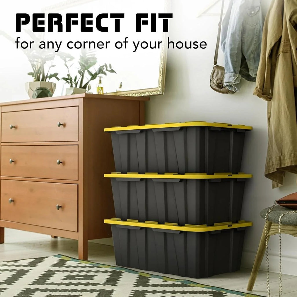 8 PACK of Medium 12 Gallon Plastic Storage Bin Tote Organizing Container with Ultra Durable Secure Latching Lids Stackable Extra Strength Clear with Built in Handle - Black and Yellow – Stackable Organization for Flexible Room-to-Room Use