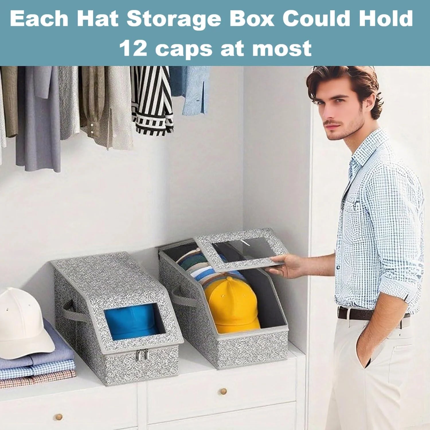 4 PCS Stackable Hat Storage for Baseball Caps Hat Storage Boxes for Closet Holds up to 12 Caps with Cardboard Hat Organizer for Women & Men (Grey) – Stackable Organization for Flexible Room-to-Room Use
